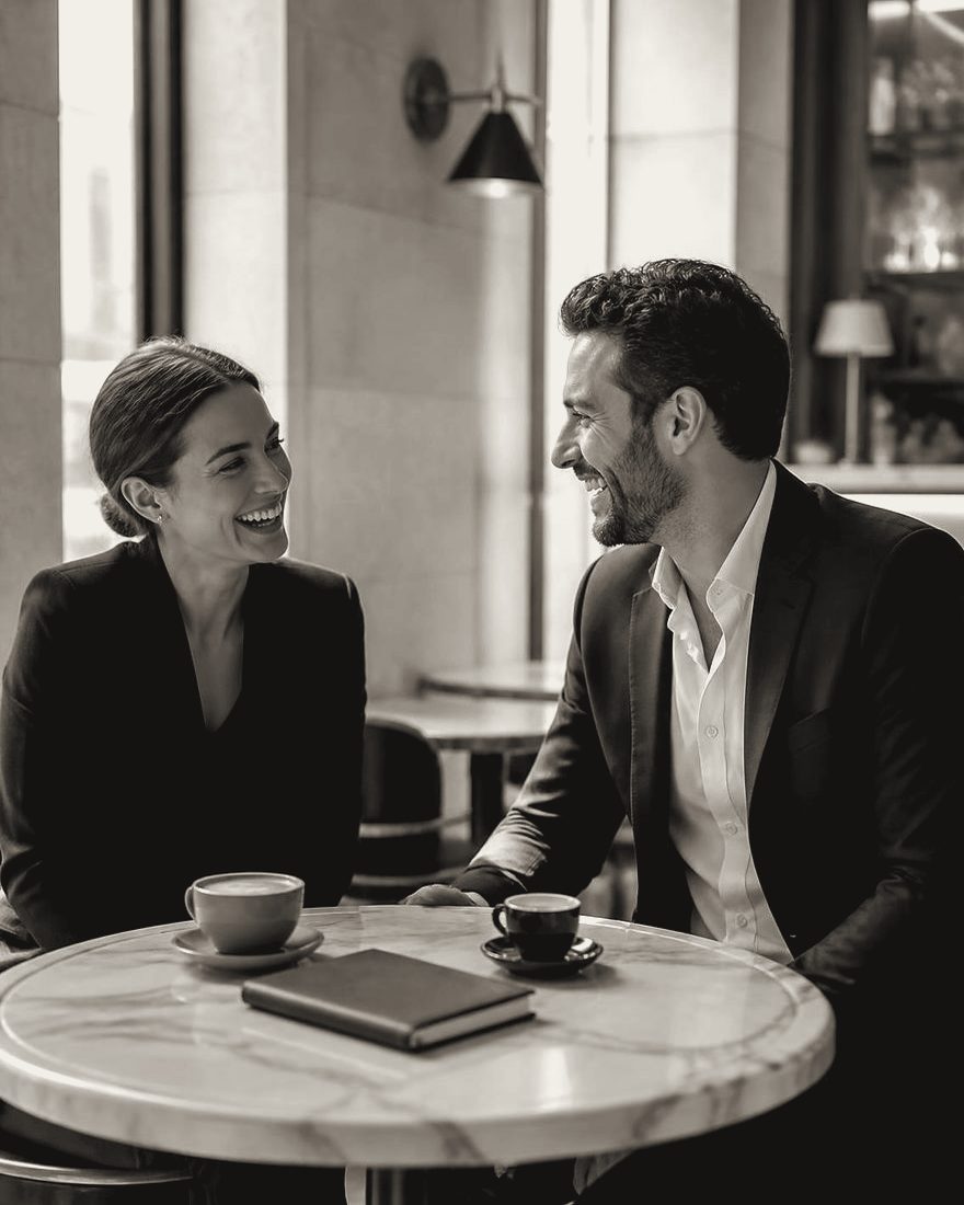 Two professionals sharing a laugh over coffee at a cafe table