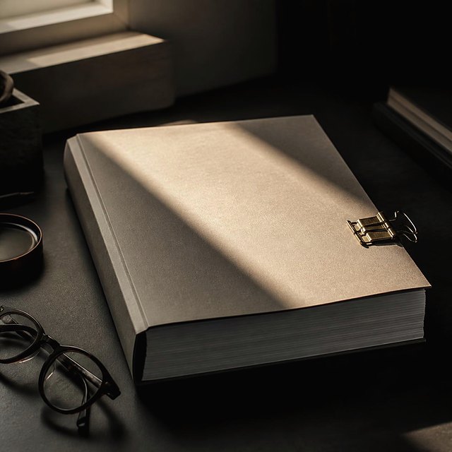 A bound tender document on a desk