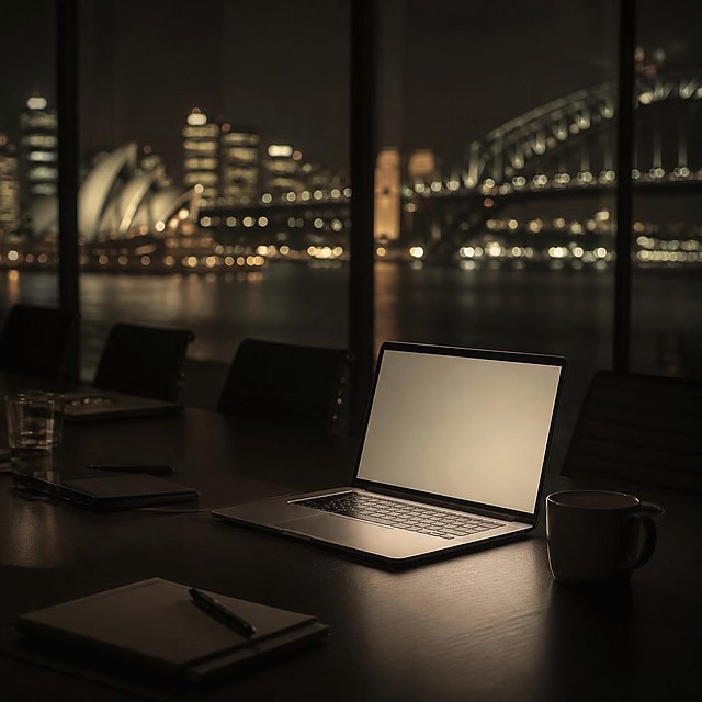 A laptop on a boardroom table at night, the harbour behind