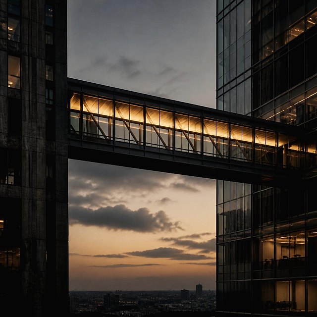 A glass sky bridge between two towers at dusk