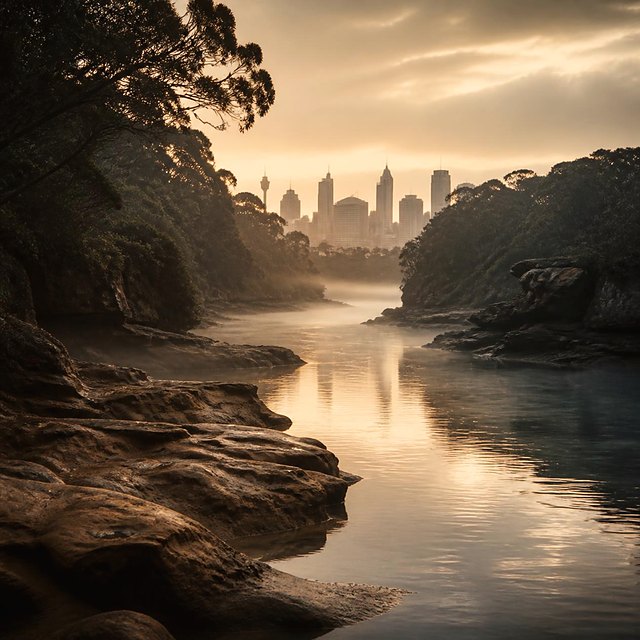 A river winding upstream toward the city at dawn