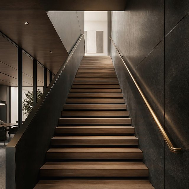 A timber staircase rising to a bright landing