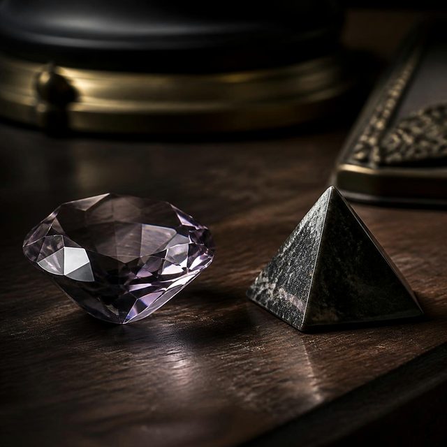 A purple pyramid turning into a diamond, lit from within