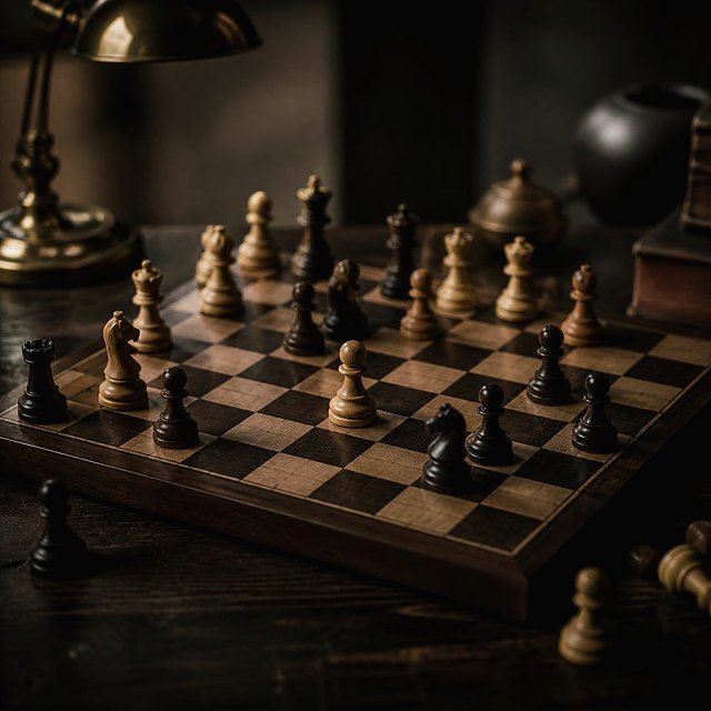 A chess board mid game